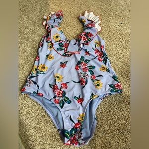 Jessica Simpson Floral Frill-Shoulder size Md  One-Piece Swimsuit Blue